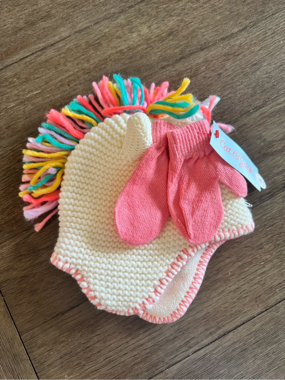 Cat & Jack Kids Cream Knit Unicorn Hat with Pink Mittens